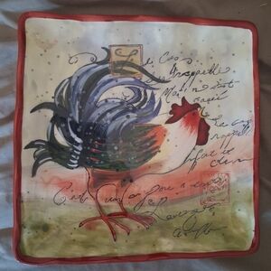 Decorative Rooster Ceramic Serving Plate - Red Trim